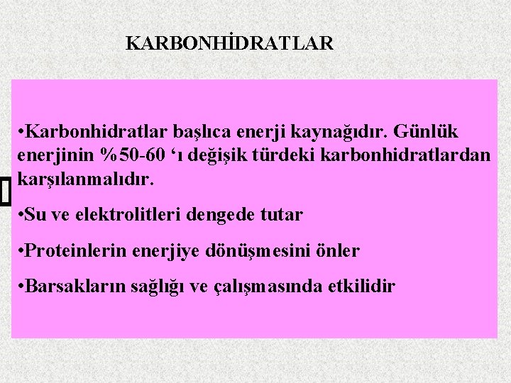 KARBONHİDRATLAR • Karbonhidratlar başlıca enerji kaynağıdır. Günlük enerjinin %50 -60 ‘ı değişik türdeki karbonhidratlardan