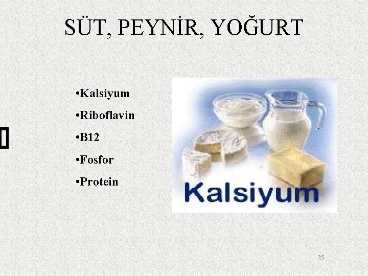 SÜT, PEYNİR, YOĞURT • Kalsiyum • Riboflavin • B 12 • Fosfor • Protein