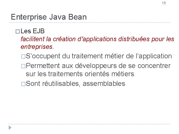 15 Enterprise Java Bean � Les EJB facilitent la création d'applications distribuées pour les