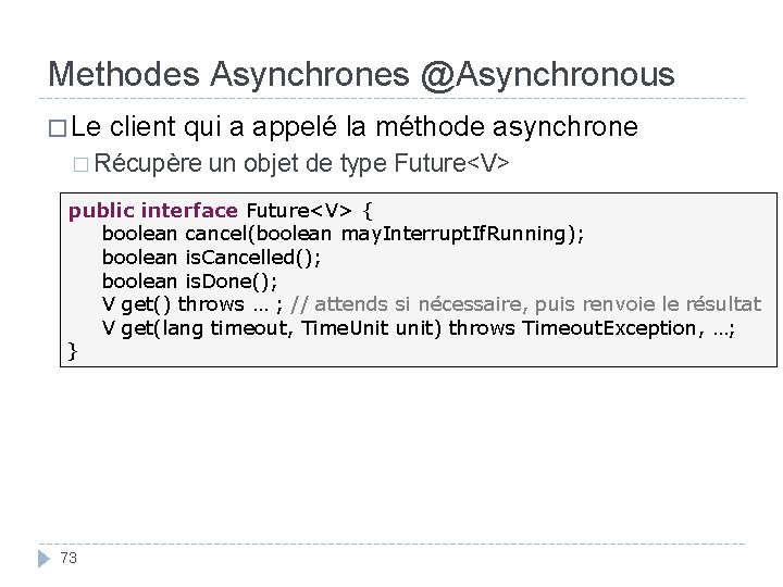 Methodes Asynchrones @Asynchronous � Le client qui a appelé la méthode asynchrone � Récupère