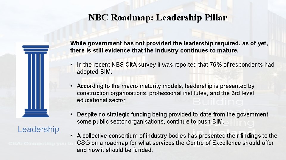 NBC Roadmap: Leadership Pillar While government has not provided the leadership required, as of