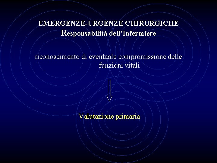 EMERGENZE-URGENZE CHIRURGICHE Responsabilità dell’Infermiere riconoscimento di eventuale compromissione delle funzioni vitali Valutazione primaria 