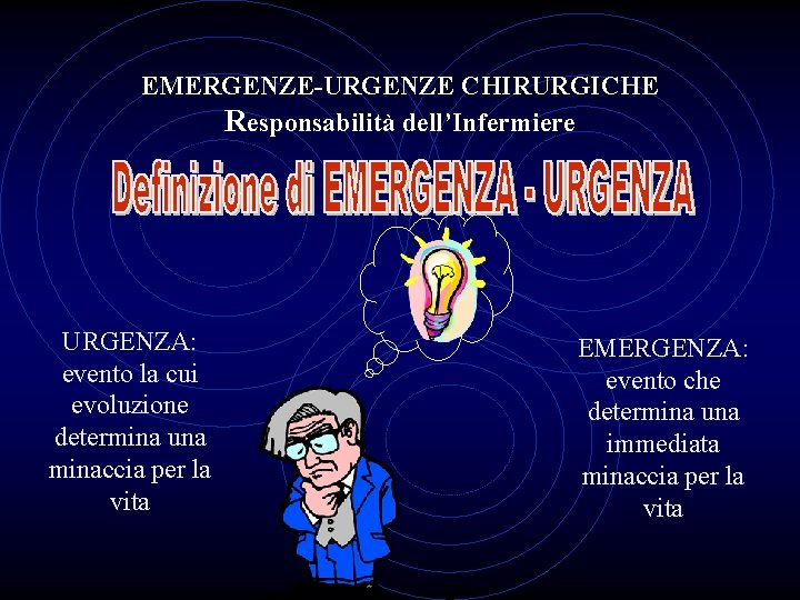 EMERGENZE-URGENZE CHIRURGICHE Responsabilità dell’Infermiere URGENZA: evento la cui evoluzione determina una minaccia per la