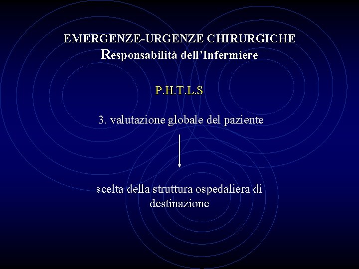 EMERGENZE-URGENZE CHIRURGICHE Responsabilità dell’Infermiere P. H. T. L. S 3. valutazione globale del paziente