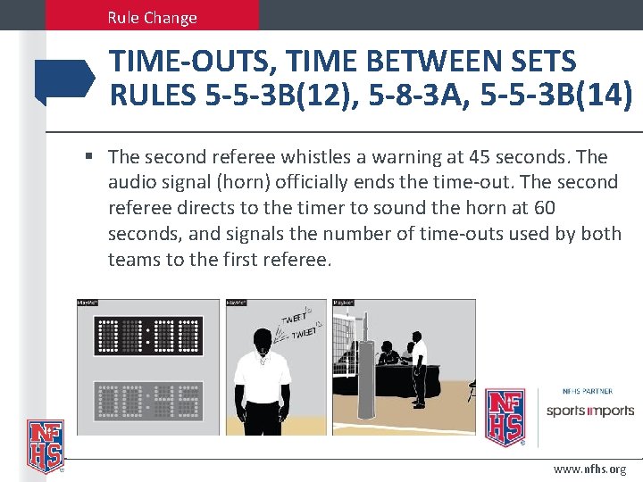 Rule Change TIME-OUTS, TIME BETWEEN SETS RULES 5 -5 -3 B(12), 5 -8 -3