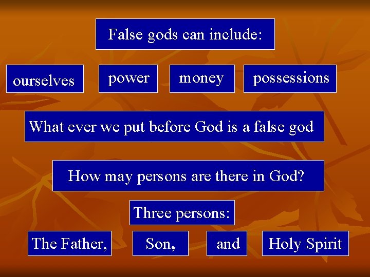 False gods can include: ourselves power money possessions What ever we put before God