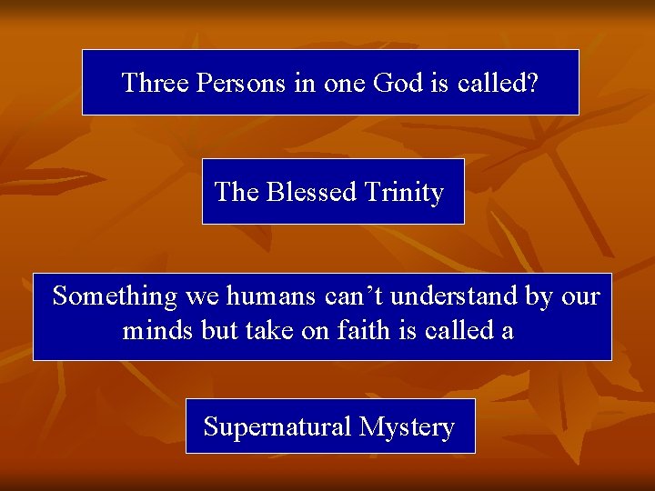 Three Persons in one God is called? The Blessed Trinity Something we humans can’t