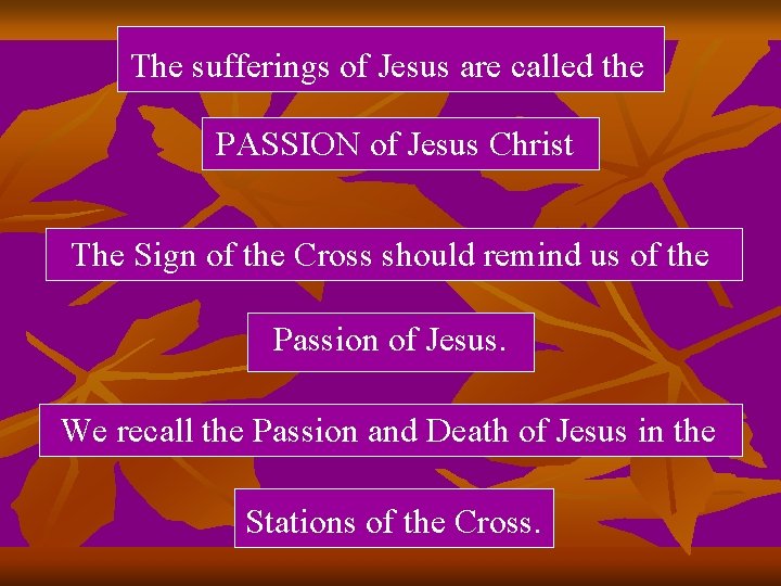 The sufferings of Jesus are called the PASSION of Jesus Christ The Sign of