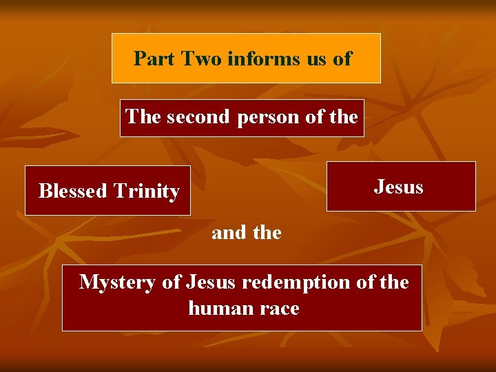 Part Two informs us of The second person of the Jesus Blessed Trinity and