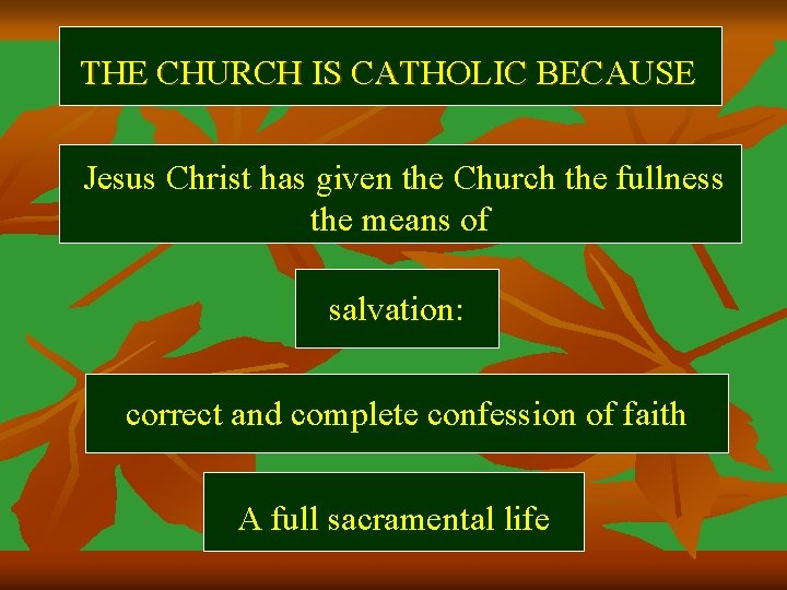 THE CHURCH IS CATHOLIC BECAUSE Jesus Christ has given the Church the fullness the