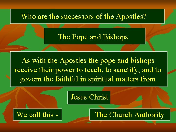 Who are the successors of the Apostles? The Pope and Bishops As with the