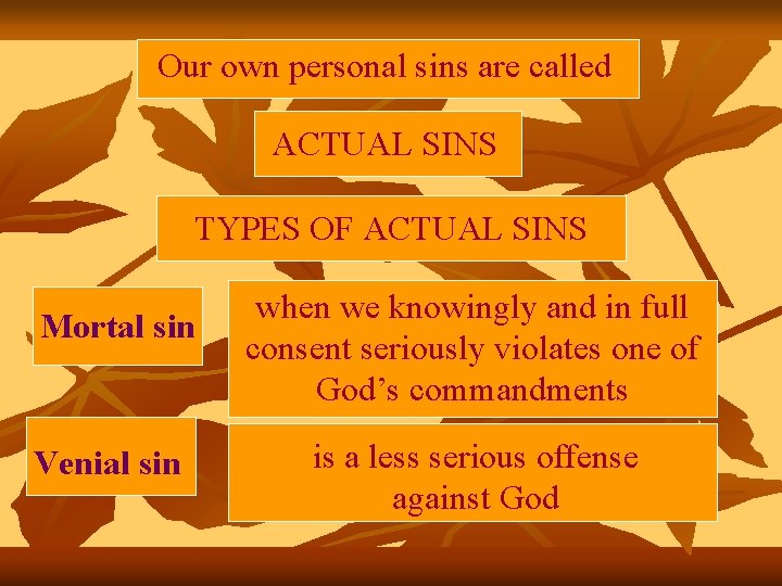 Our own personal sins are called ACTUAL SINS TYPES OF ACTUAL SINS Mortal sin