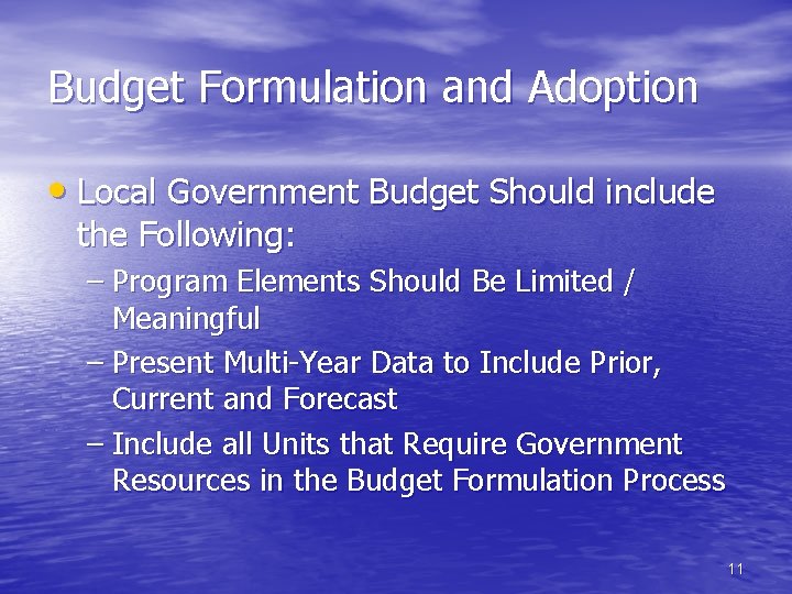 Budget Formulation and Adoption • Local Government Budget Should include the Following: – Program