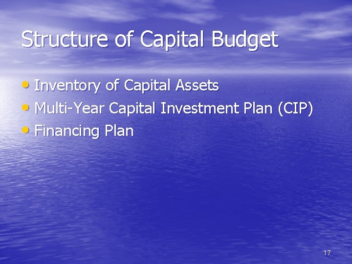 Structure of Capital Budget • Inventory of Capital Assets • Multi-Year Capital Investment Plan