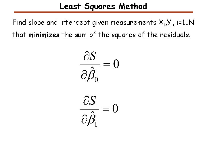Least Squares Method Find slope and intercept given measurements Xi, Yi, i=1. . N Least Squares Method Find slope and intercept given measurements Xi, Yi, i=1. . N