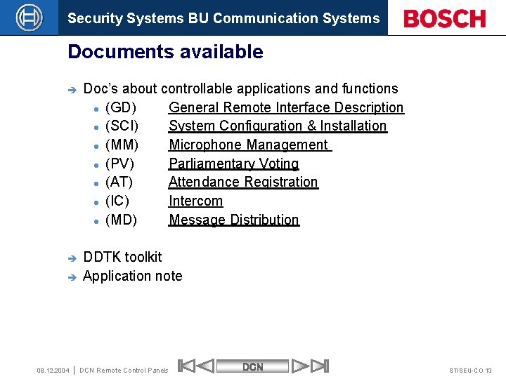 Security Systems BU Communication Systems Documents available è Doc’s about controllable applications and functions