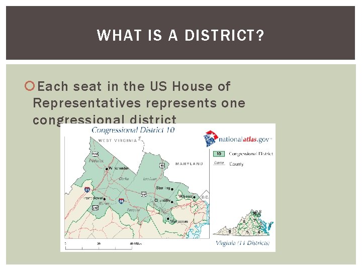 WHAT IS A DISTRICT? Each seat in the US House of Representatives represents one