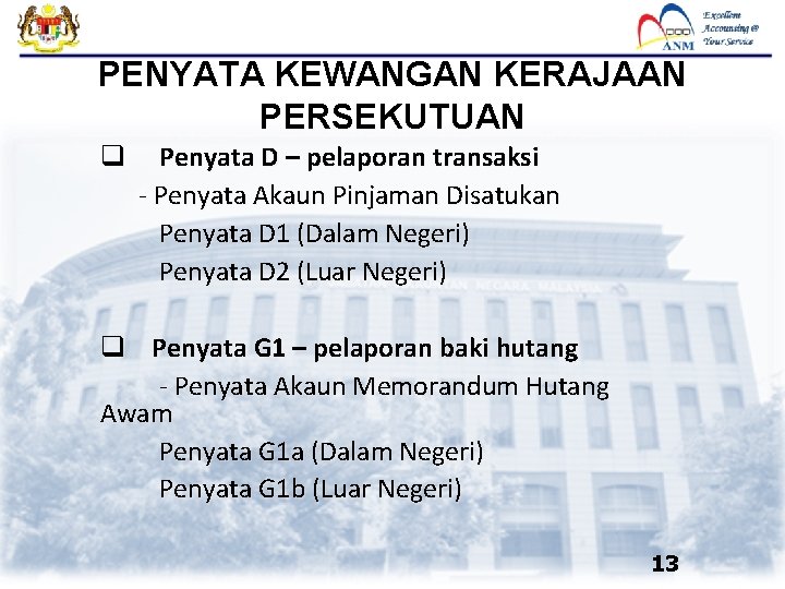 PENYATA KEWANGAN KERAJAAN PERSEKUTUAN q Penyata D – pelaporan transaksi - Penyata Akaun Pinjaman