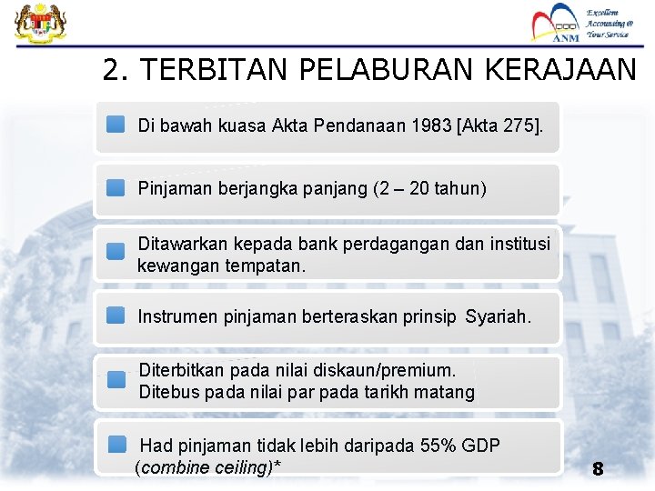 2. TERBITAN PELABURAN KERAJAAN Di bawah kuasa Akta Pendanaan 1983 [Akta 275]. Pinjaman berjangka