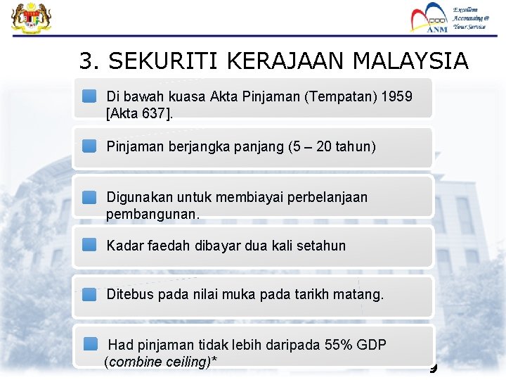 3. SEKURITI KERAJAAN MALAYSIA Di bawah kuasa Akta Pinjaman (Tempatan) 1959 [Akta 637]. Pinjaman