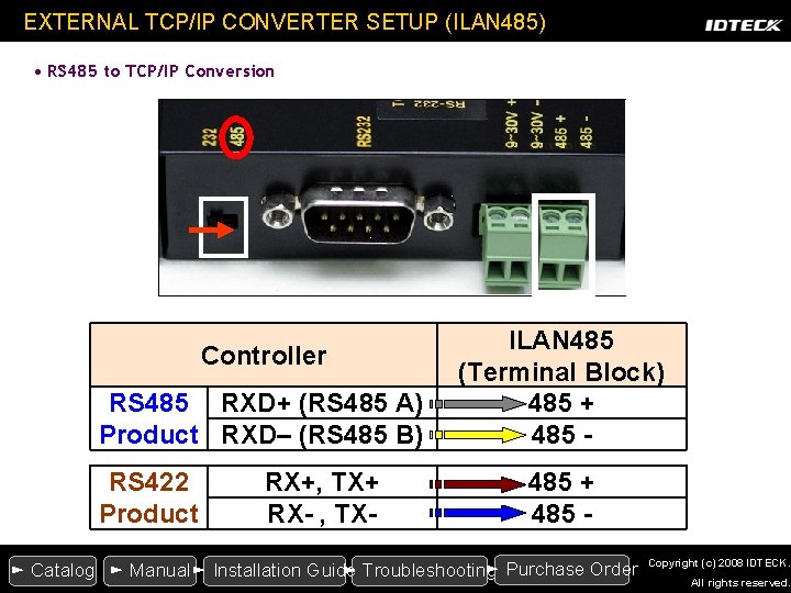 EXTERNAL TCP/IP CONVERTER SETUP (ILAN 485) • RS 485 to TCP/IP Conversion Controller RS EXTERNAL TCP/IP CONVERTER SETUP (ILAN 485) • RS 485 to TCP/IP Conversion Controller RS