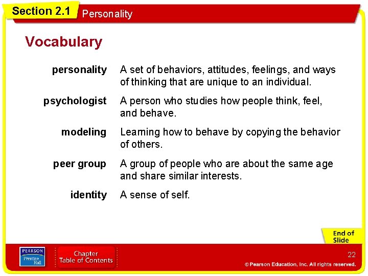 Section 2. 1 Personality Vocabulary personality psychologist modeling peer group identity A set of
