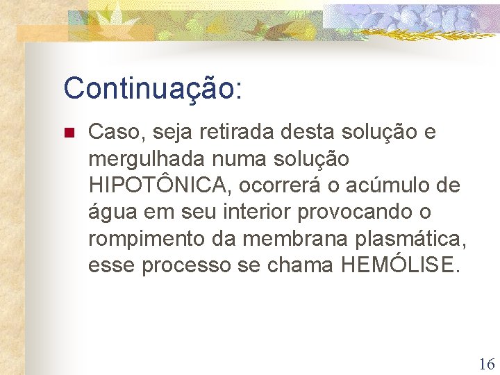 Continuação: n Caso, seja retirada desta solução e mergulhada numa solução HIPOTÔNICA, ocorrerá o