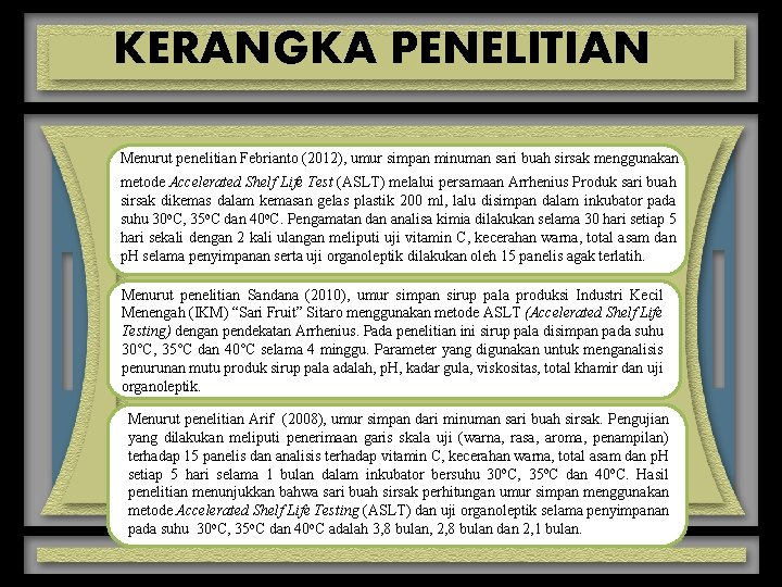 KERANGKA PENELITIAN Menurut penelitian Febrianto (2012), umur simpan minuman sari buah sirsak menggunakan metode