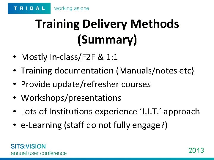 Training Delivery Methods (Summary) • • • Mostly In-class/F 2 F & 1: 1