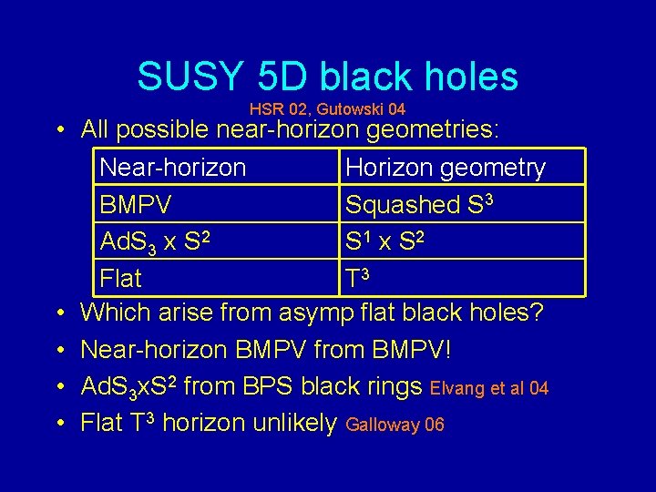 SUSY 5 D black holes HSR 02, Gutowski 04 • All possible near-horizon geometries: