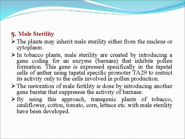 5. Male Sterility Ø The plants may inherit male sterility either from the nucleus