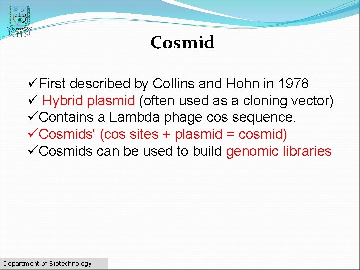 Cosmid üFirst described by Collins and Hohn in 1978 ü Hybrid plasmid (often used