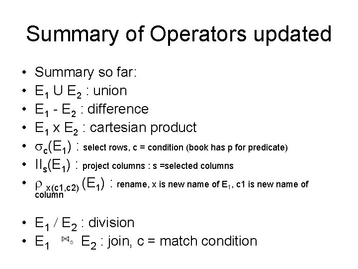 Summary of Operators updated • • Summary so far: E 1 U E 2