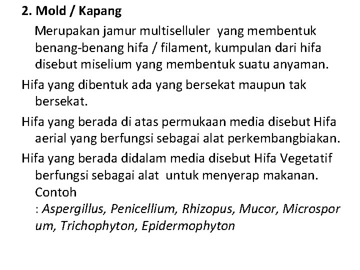 2. Mold / Kapang Merupakan jamur multiselluler yang membentuk benang-benang hifa / filament, kumpulan
