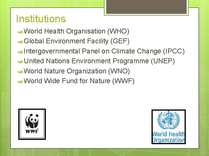 Institutions World Health Organisation (WHO) Global Environment Facility (GEF) Intergovernmental Panel on Climate Change