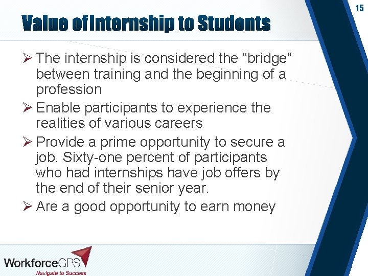 15 Ø The internship is considered the “bridge” between training and the beginning of