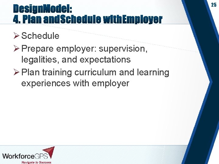 25 Ø Schedule Ø Prepare employer: supervision, legalities, and expectations Ø Plan training curriculum