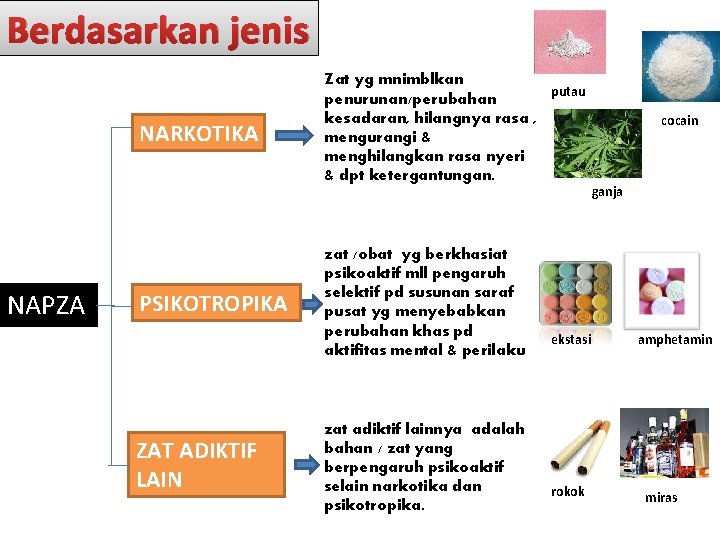 Berdasarkan jenis NARKOTIKA NAPZA PSIKOTROPIKA ZAT ADIKTIF LAIN Zat yg mnimblkan putau penurunan/perubahan kesadaran,