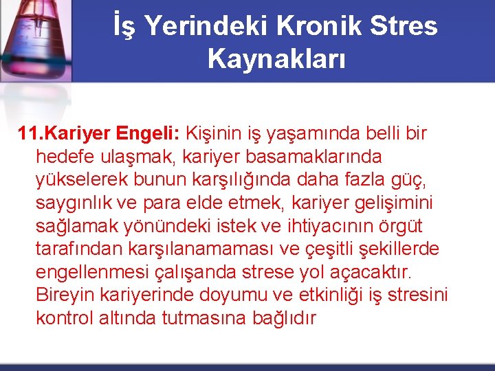 İş Yerindeki Kronik Stres Kaynakları 11. Kariyer Engeli: Kişinin iş yaşamında belli bir hedefe