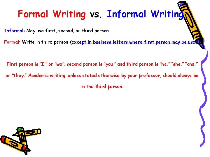 Formal Writing vs. Informal Writing Informal: May use first, second, or third person. Formal: