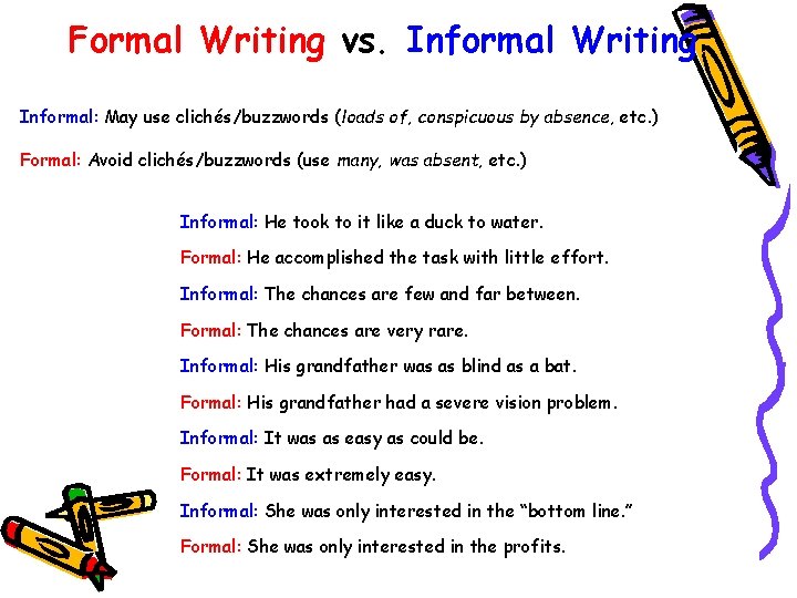 Formal Writing vs. Informal Writing Informal: May use clichés/buzzwords (loads of, conspicuous by absence,