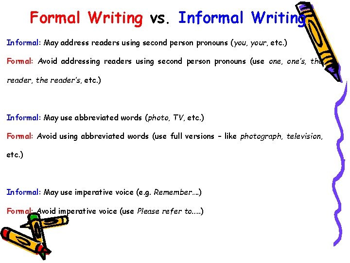 Formal Writing vs. Informal Writing Informal: May address readers using second person pronouns (you,