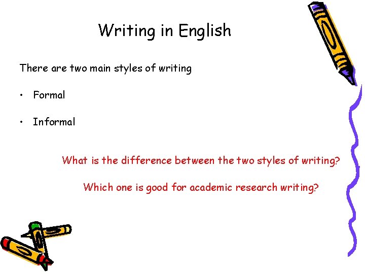 Writing in English There are two main styles of writing • Formal • Informal