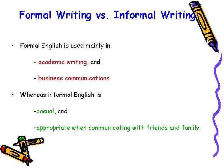 Formal Writing vs. Informal Writing • Formal English is used mainly in - academic