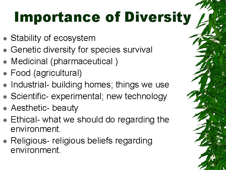 Importance of Diversity Stability of ecosystem Genetic diversity for species survival Medicinal (pharmaceutical )