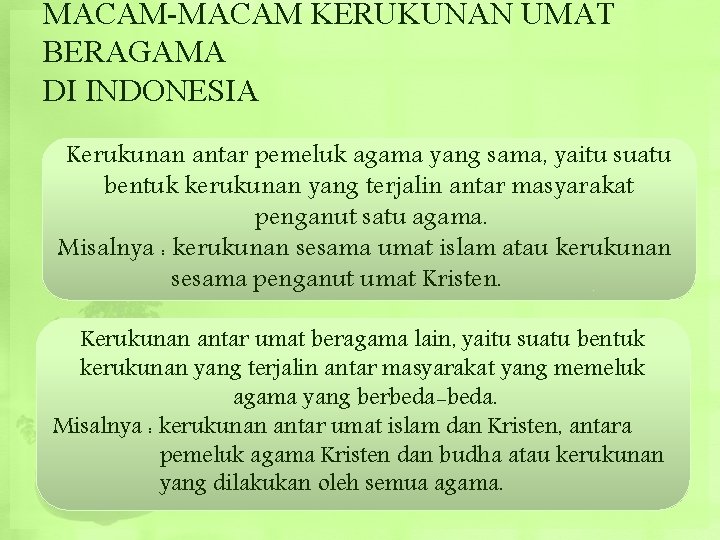 MACAM-MACAM KERUKUNAN UMAT BERAGAMA DI INDONESIA Kerukunan antar pemeluk agama yang sama, yaitu suatu