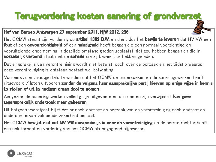Terugvordering kosten sanering of grondverzet Hof van Beroep Antwerpen 27 september 2011, Nj. W