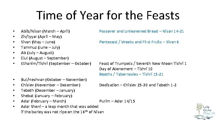 Time of Year for the Feasts • • Abib/Nisan (March – April) Ziv/Iyyar (April