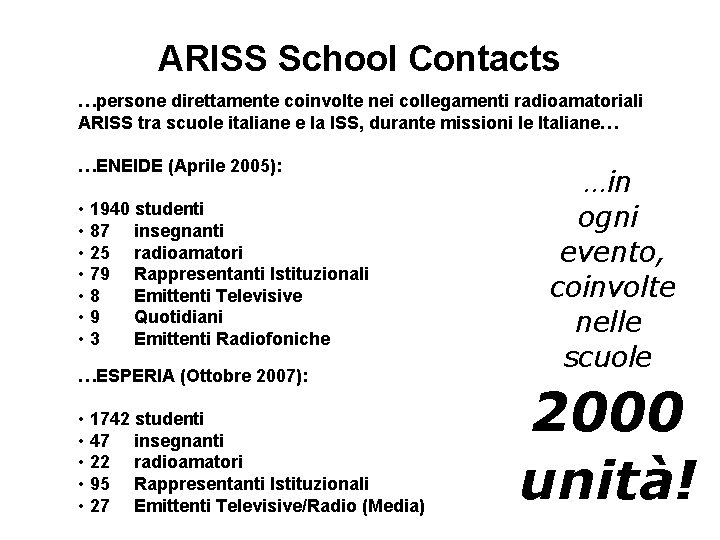 ARISS School Contacts …persone direttamente coinvolte nei collegamenti radioamatoriali ARISS tra scuole italiane e