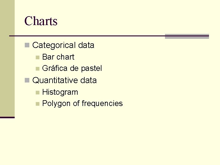 Charts n Categorical data n Bar chart n Gráfica de pastel n Quantitative data Charts n Categorical data n Bar chart n Gráfica de pastel n Quantitative data